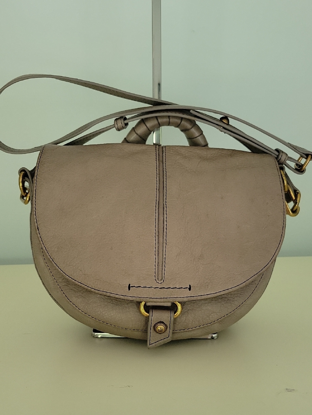 American Leather Co. Taupe Saddle Crossbody Bag with Gold Hardware Handle